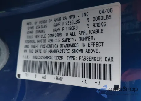 2008 Honda Accord 3.5 Ex-L из США, поврежденный, VIN 1HGCS22888A012328